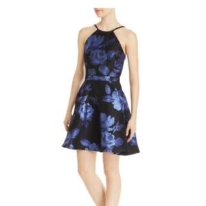 NEW AVERY black blue PROM flower floral evening cocktail Dress fit flare 10